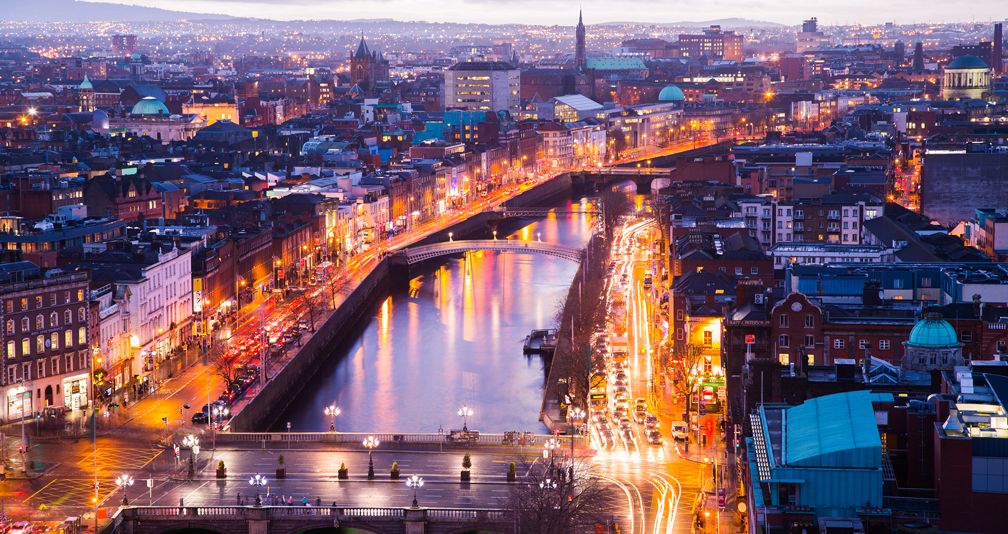 Overview of River Liffey and the Dublin City Centre at twilight