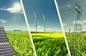 fields with solar panel, windmill and power lines