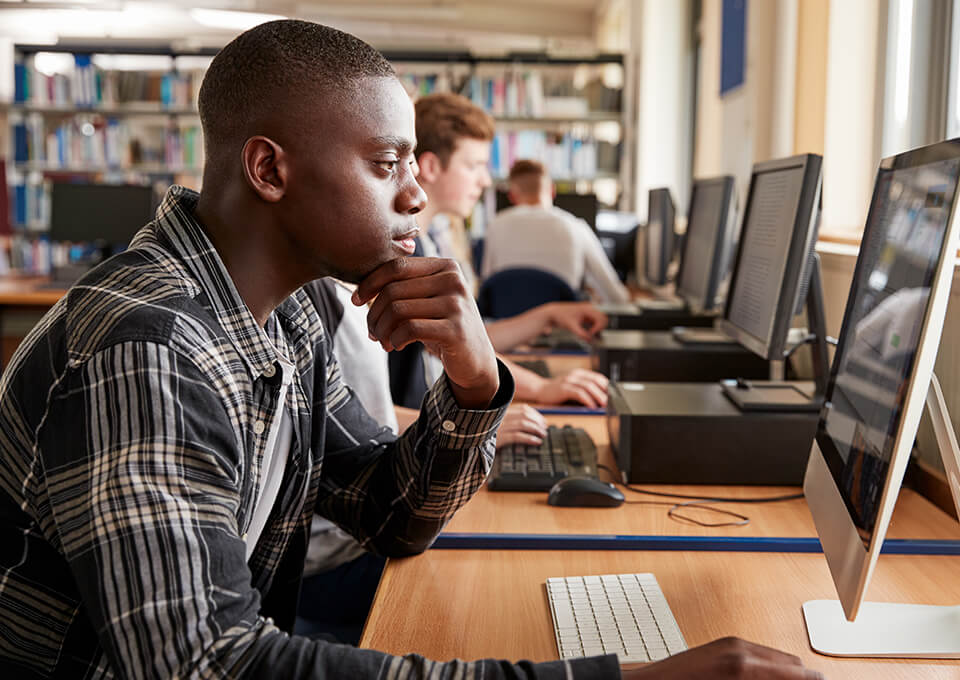 Students working in a computer room.