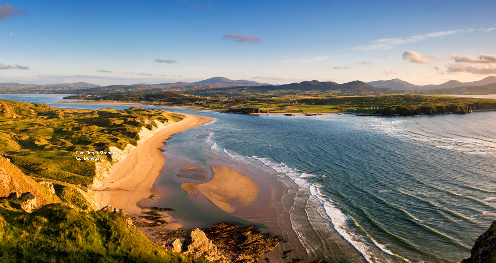 A wide aerial view of the Five Finger Strand, Donegal
