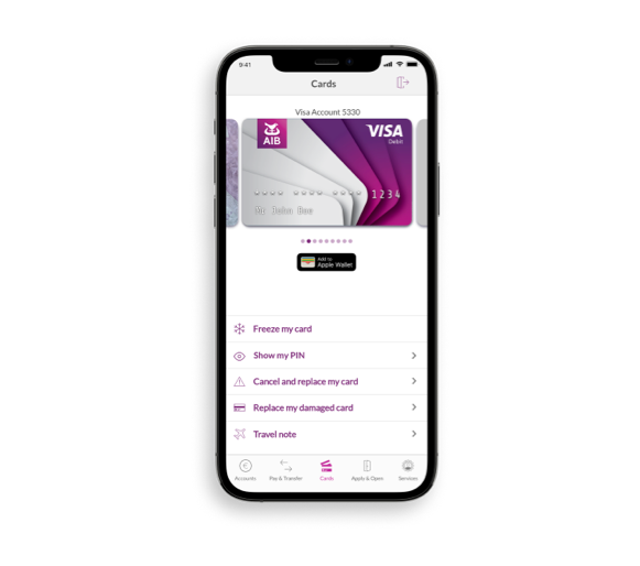 Cards page on the AIB mobile app.